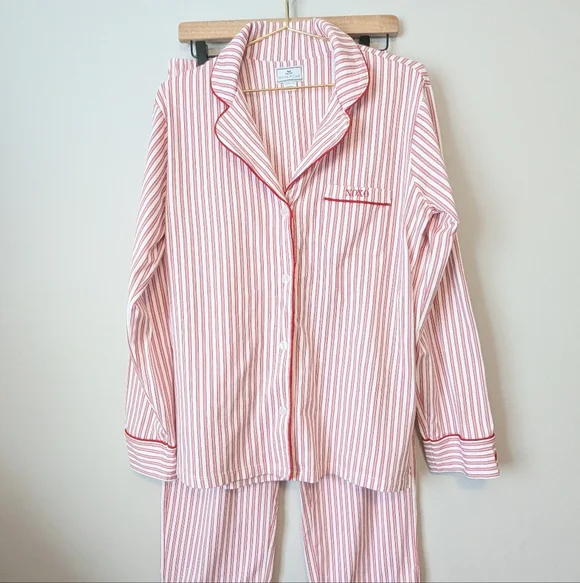 Petite Plume Pima Pajama Set In Antique Red Size Large Striped Embroidered EUC - Picture 8 of 16